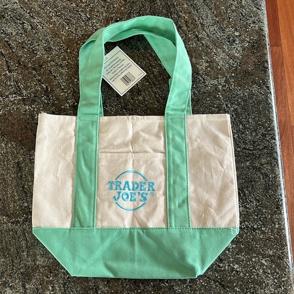 Trader Joe’s Mini Canvas Tote Green Blue Stitching Pastel Limited Edition NWT - Picture 2 of 2